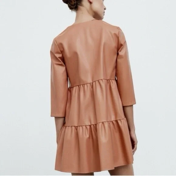 Zara AW21 Beige-Pink Vegan Leather V Neck Short Tiered Dress Size XS - Picture 2 of 6
